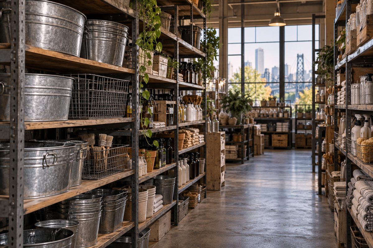 Showroom aisle lined with industrial storage shelving and stacks of galvanized metal domestic tubs.