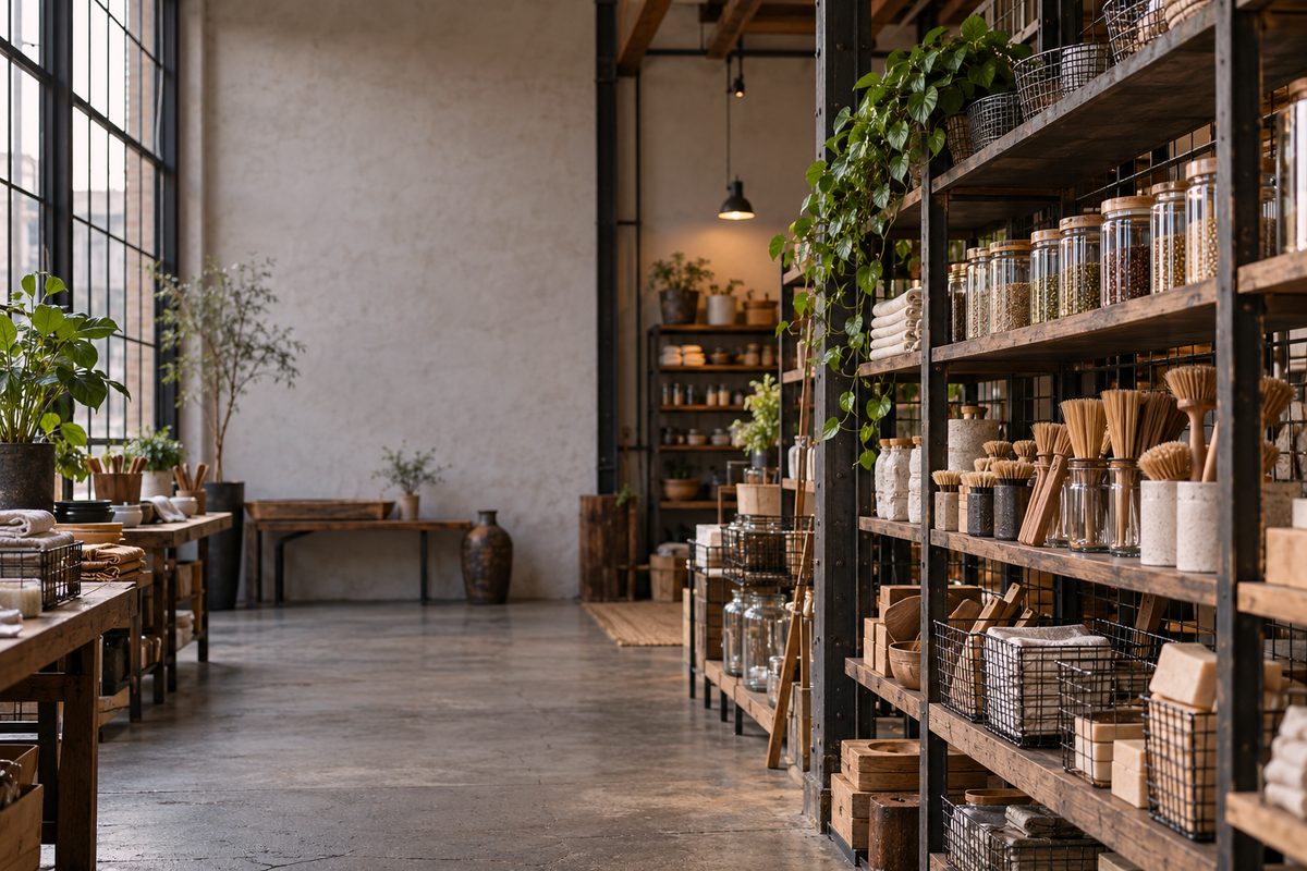 Interior of Cean Shop showroom on Irving Street displaying domestic storage and utility wares on wooden shelving under gentle daylight.
