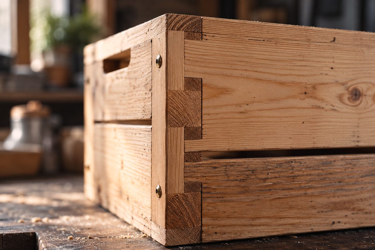 Close-up of precise mortise joinery and smooth pine wood grain on a domestic storage crate.