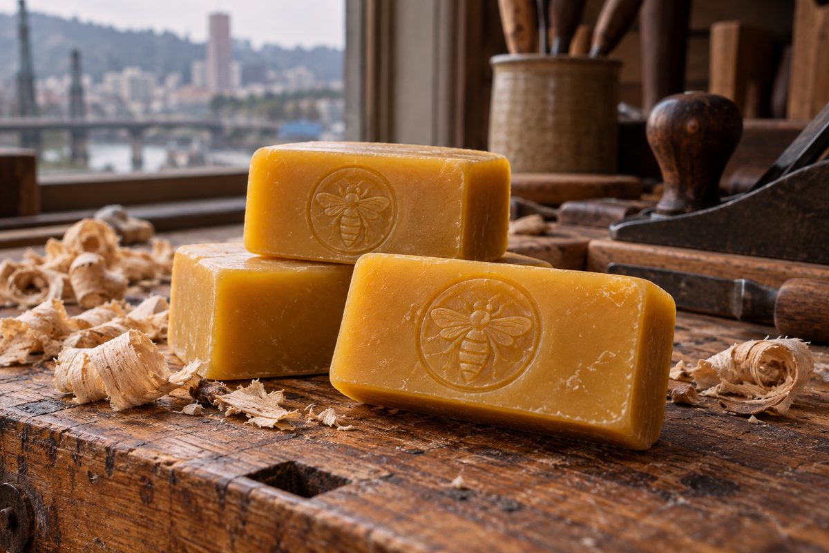 Golden yellow beeswax blocks for wood conditioning resting on an oak bench.