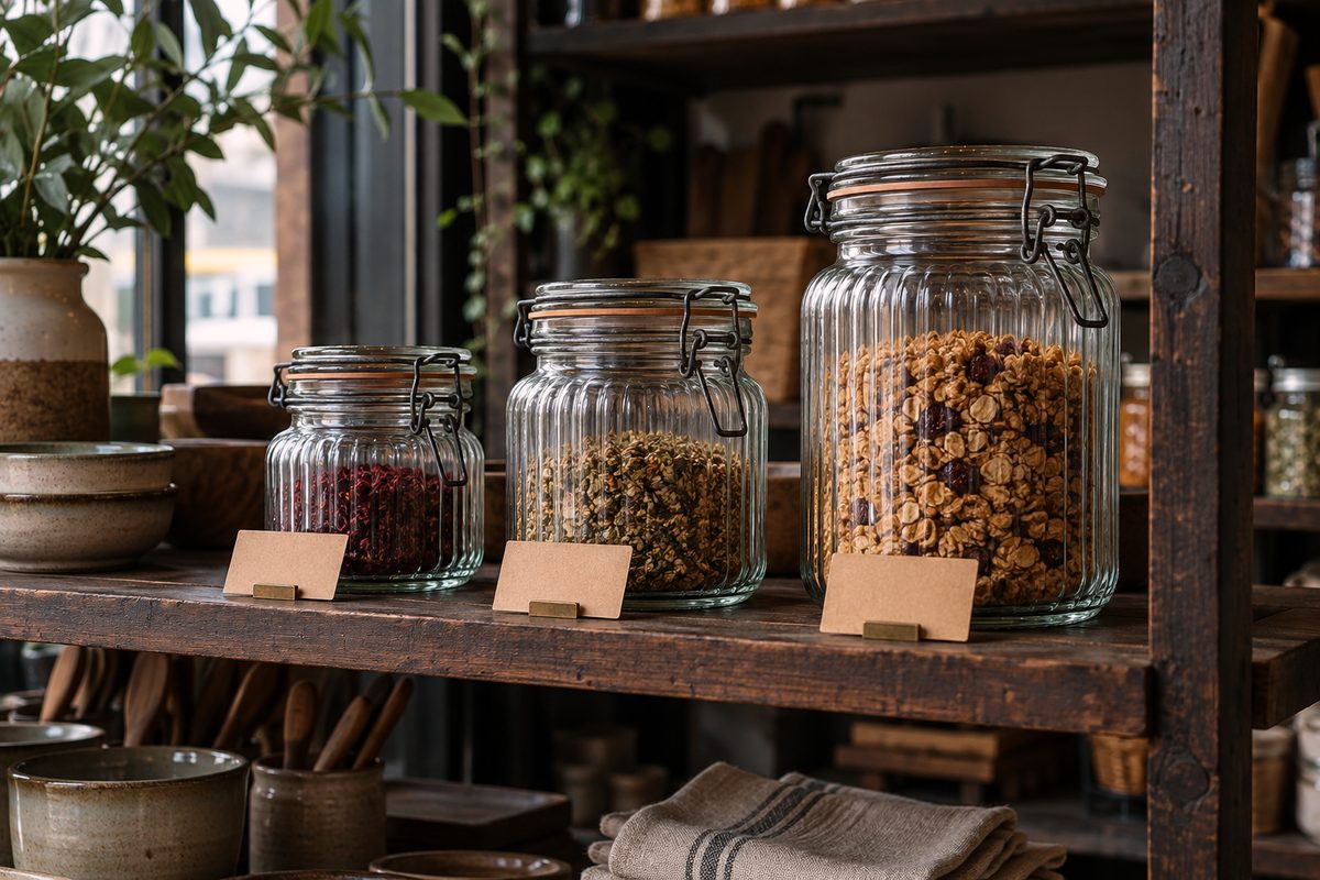 Graduated set of fluted glass pantry jars with zinc wire bails on a showroom display shelf.