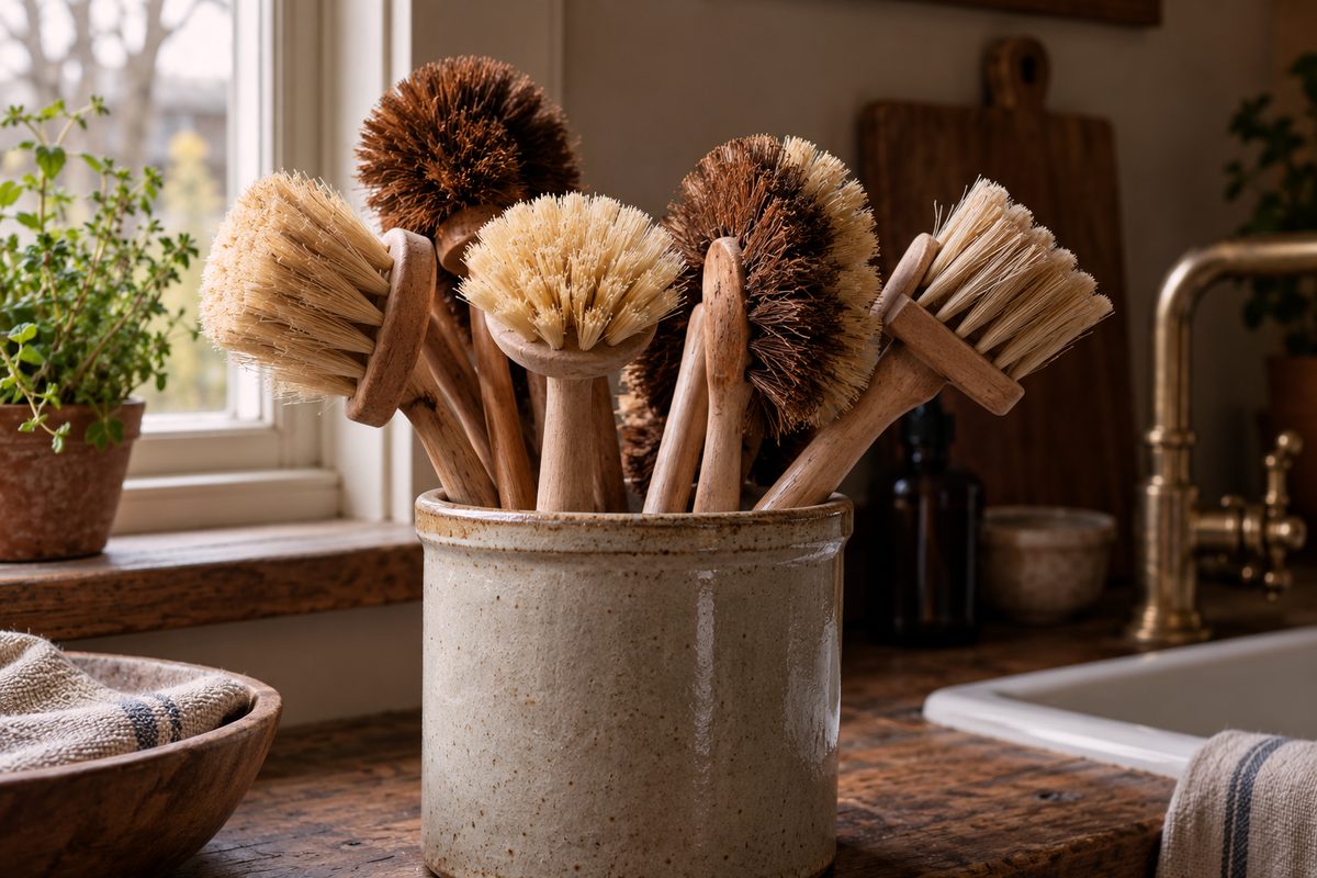 Selection of wooden dish and utility scrub brushes with stiff natural plant fibres.
