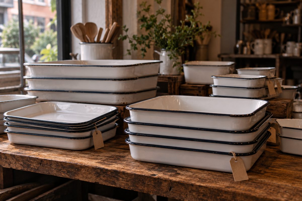 Stack of white enamel baking and sorting trays on a shop clearance display table.