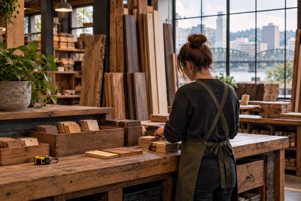 Shop sales consultant at the service desk organizing wooden trays and inventory tags.