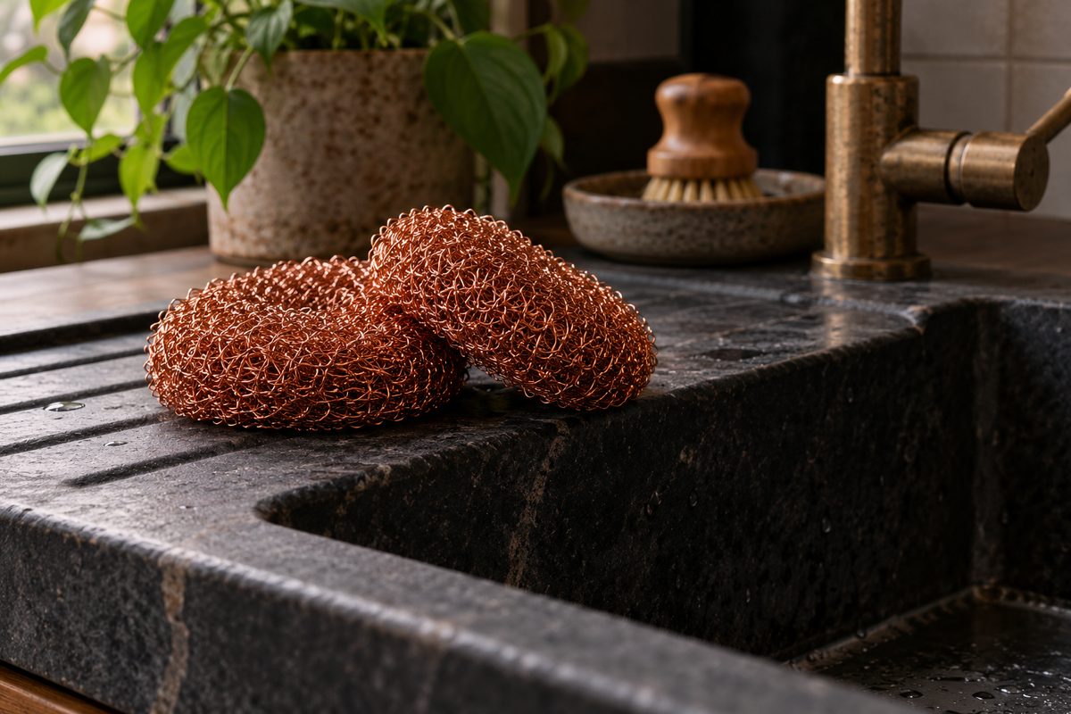 Two woven copper wire scouring pads resting beside a scullery sink basin.