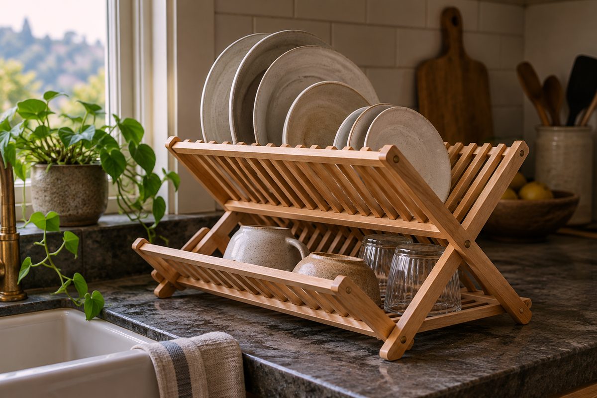 Folding beechwood kitchen dish drying rack with solid brass pivot hardware.