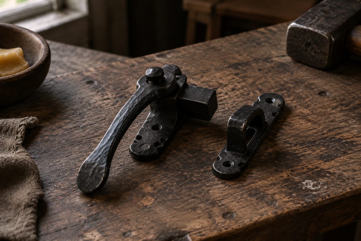 Hand-forged black iron thumb latch and strike plate for domestic pantry doors.