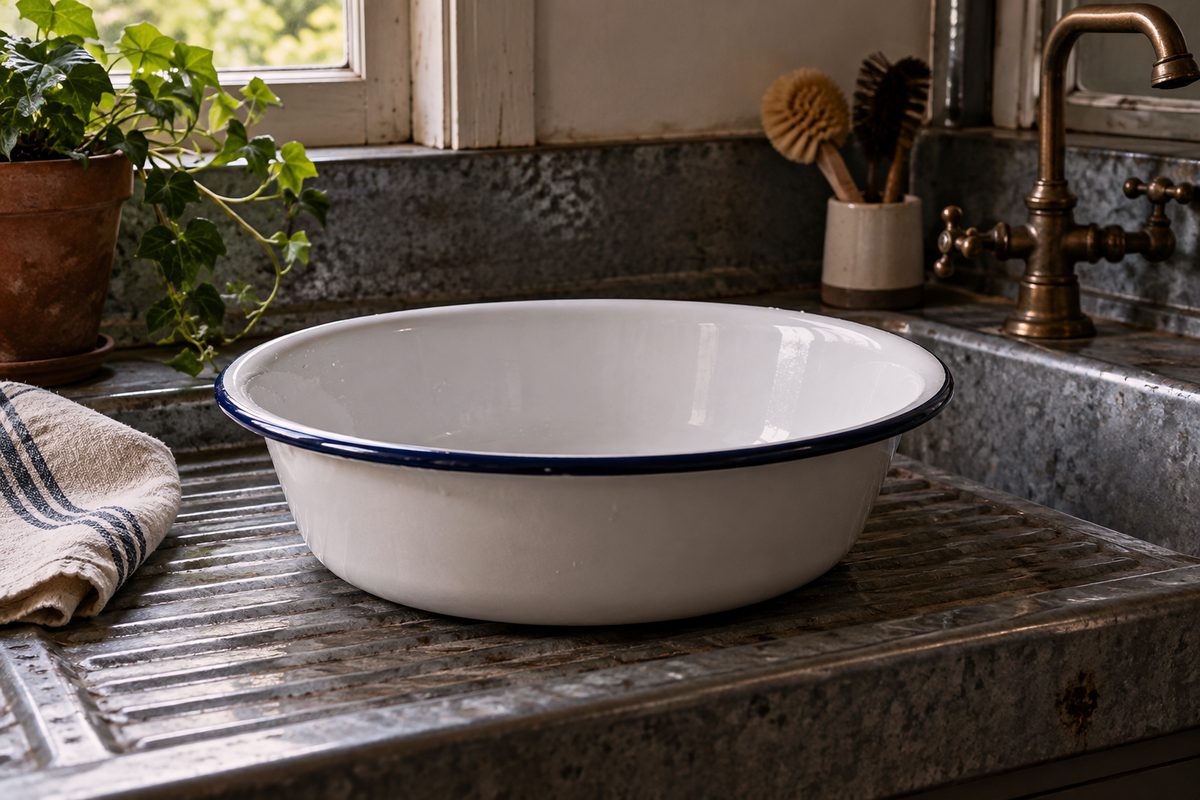 Double-dipped white porcelain enamel basin with dark navy blue rim resting on a metal utility surface.