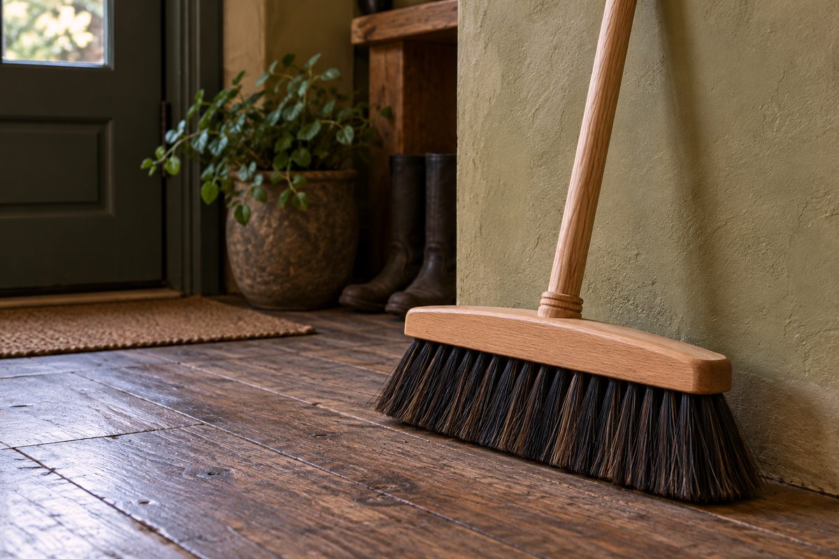 Traditional sweep broom with solid beechwood block and thick natural horsehair bristles.