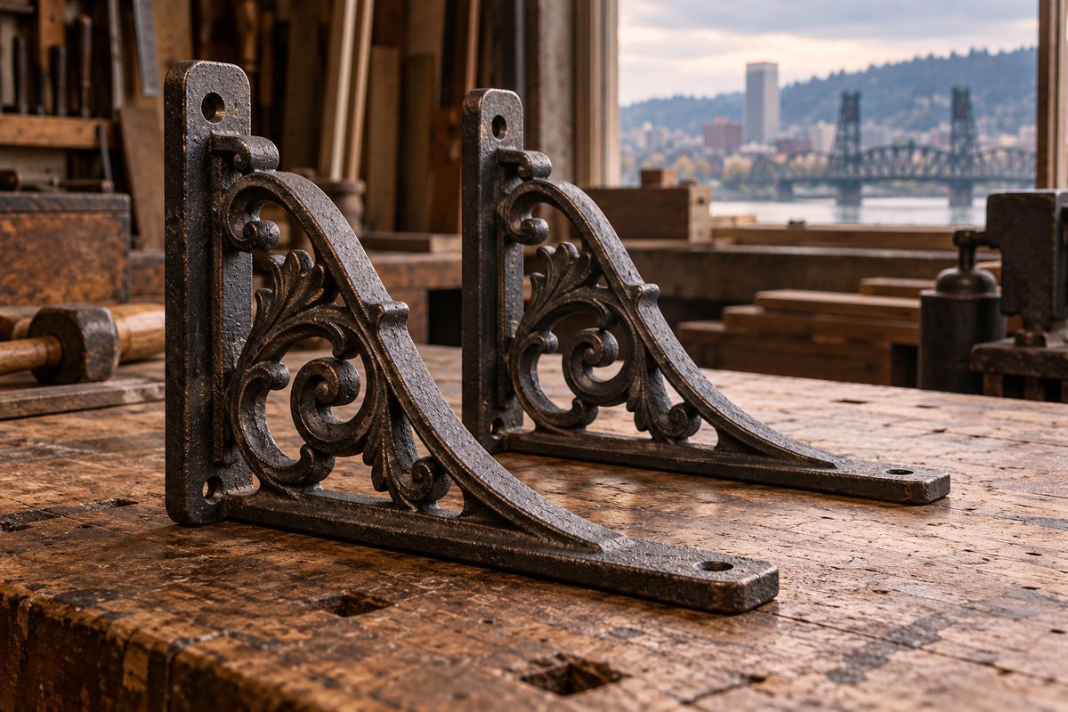 Pair of traditional cast iron architectural shelf brackets on a workbench.