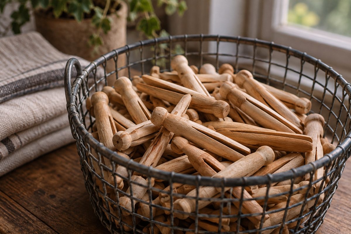 Traditional turned birchwood one-piece clothes pegs in a wire utility basket.