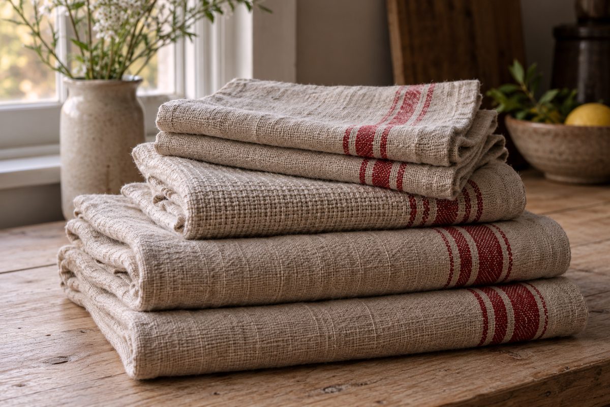 Stack of folded unbleached heavy flax linen utility towels with red edge stripes.