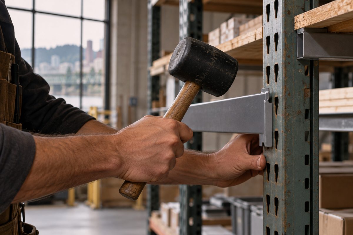 Technician using a rubber mallet to lock a steel shelf tier into an industrial upright.